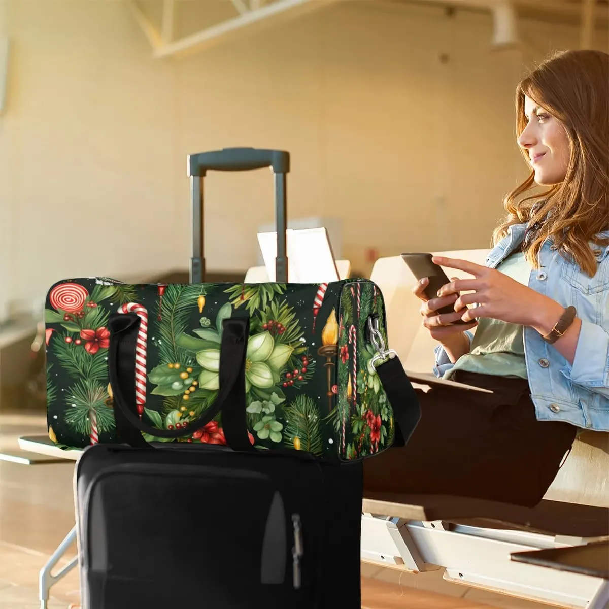 Foldable Travel Bag Christmas Flowers Leaves Lightweight Carry On Bags for Airplanes Waterproof Travel Duffle Bag For Gym Weekend Overnight