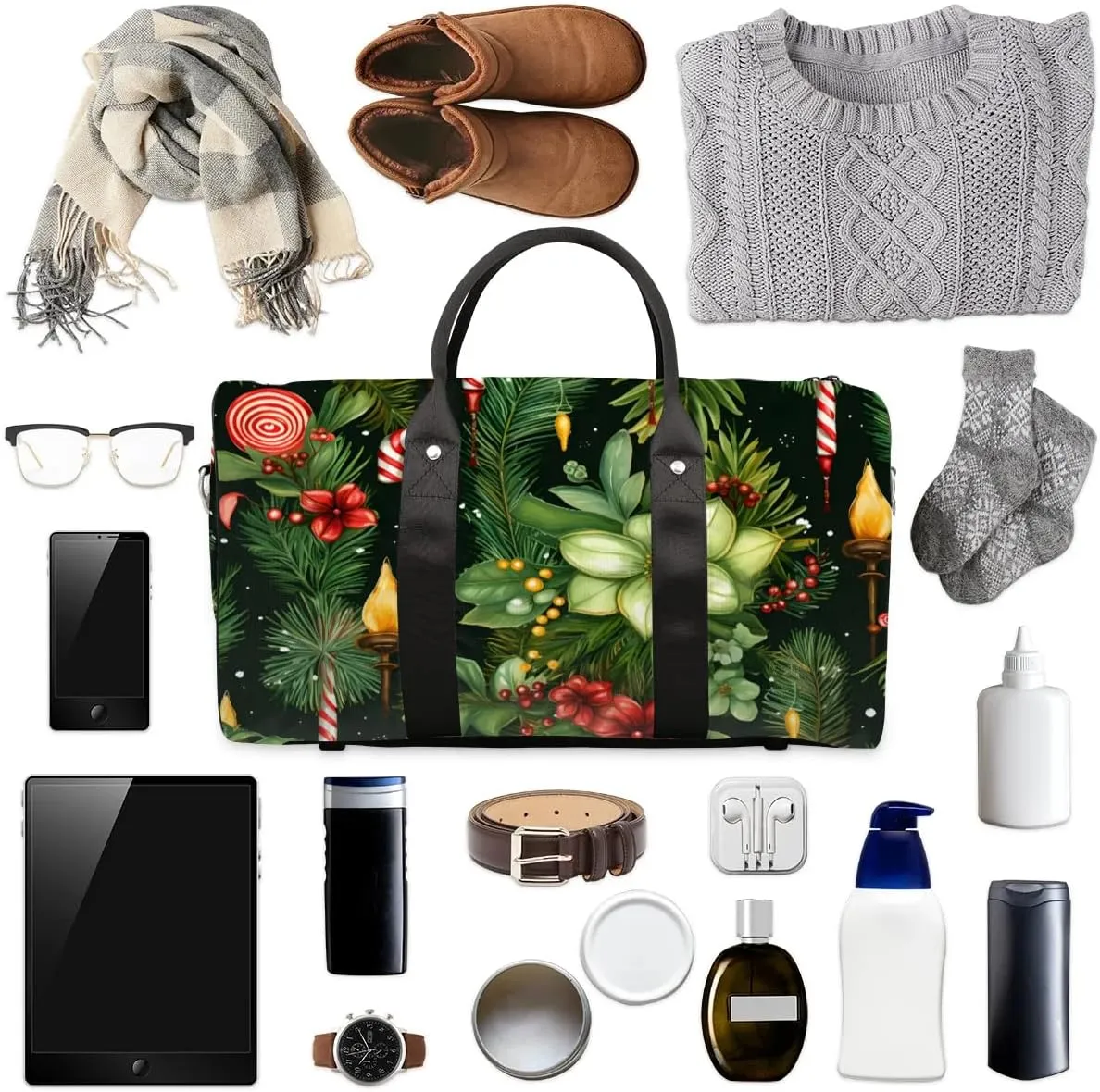 Foldable Travel Bag Christmas Flowers Leaves Lightweight Carry On Bags for Airplanes Waterproof Travel Duffle Bag For Gym Weekend Overnight