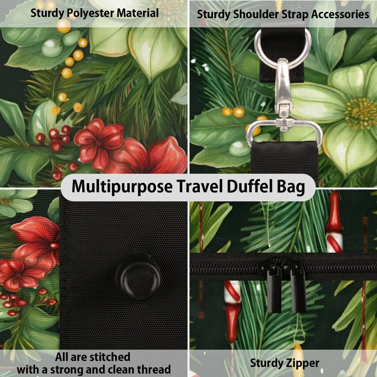 Foldable Travel Bag Christmas Flowers Leaves Lightweight Carry On Bags for Airplanes Waterproof Travel Duffle Bag For Gym Weekend Overnight