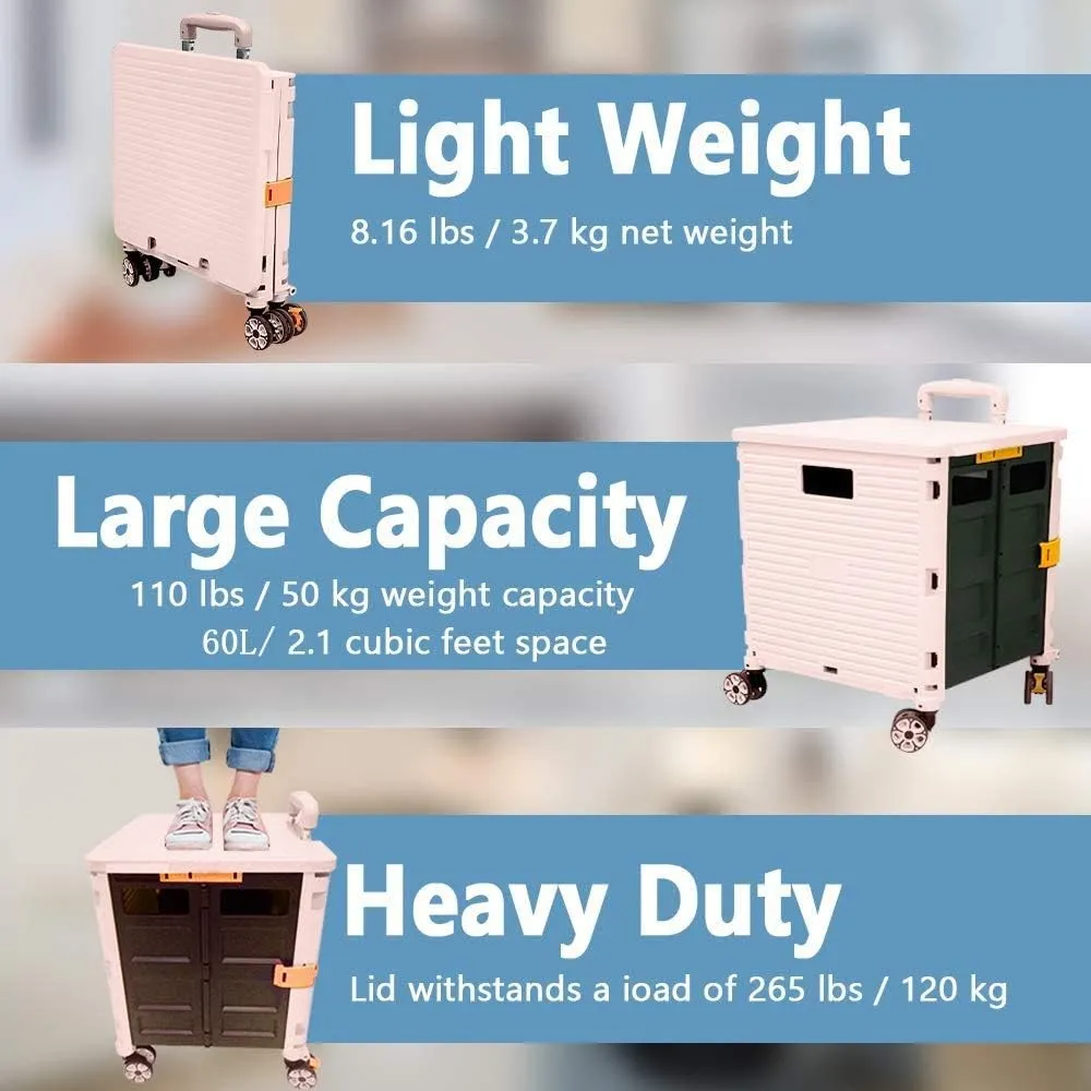 Foldable Utility Cart Portable Rolling Crate Handcart Shopping Trolley Collapsible 4 Rotate Wheels with Durable Heavy Duty Plastic Telescoping Handle for Travel Shopping Moving Storage Office Use