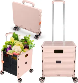 Foldable Utility Cart Portable Rolling Crate Handcart Shopping Trolley Collapsible 4 Rotate Wheels with Durable Heavy Duty Plastic Telescoping Handle for Travel Shopping Moving Storage Office Use