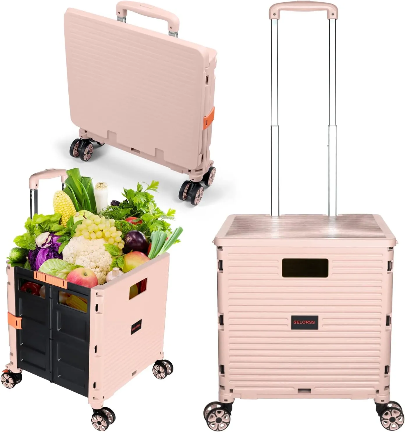 Foldable Utility Cart Portable Rolling Crate Handcart Shopping Trolley Collapsible 4 Rotate Wheels with Durable Heavy Duty Plastic Telescoping Handle for Travel Shopping Moving Storage Office Use