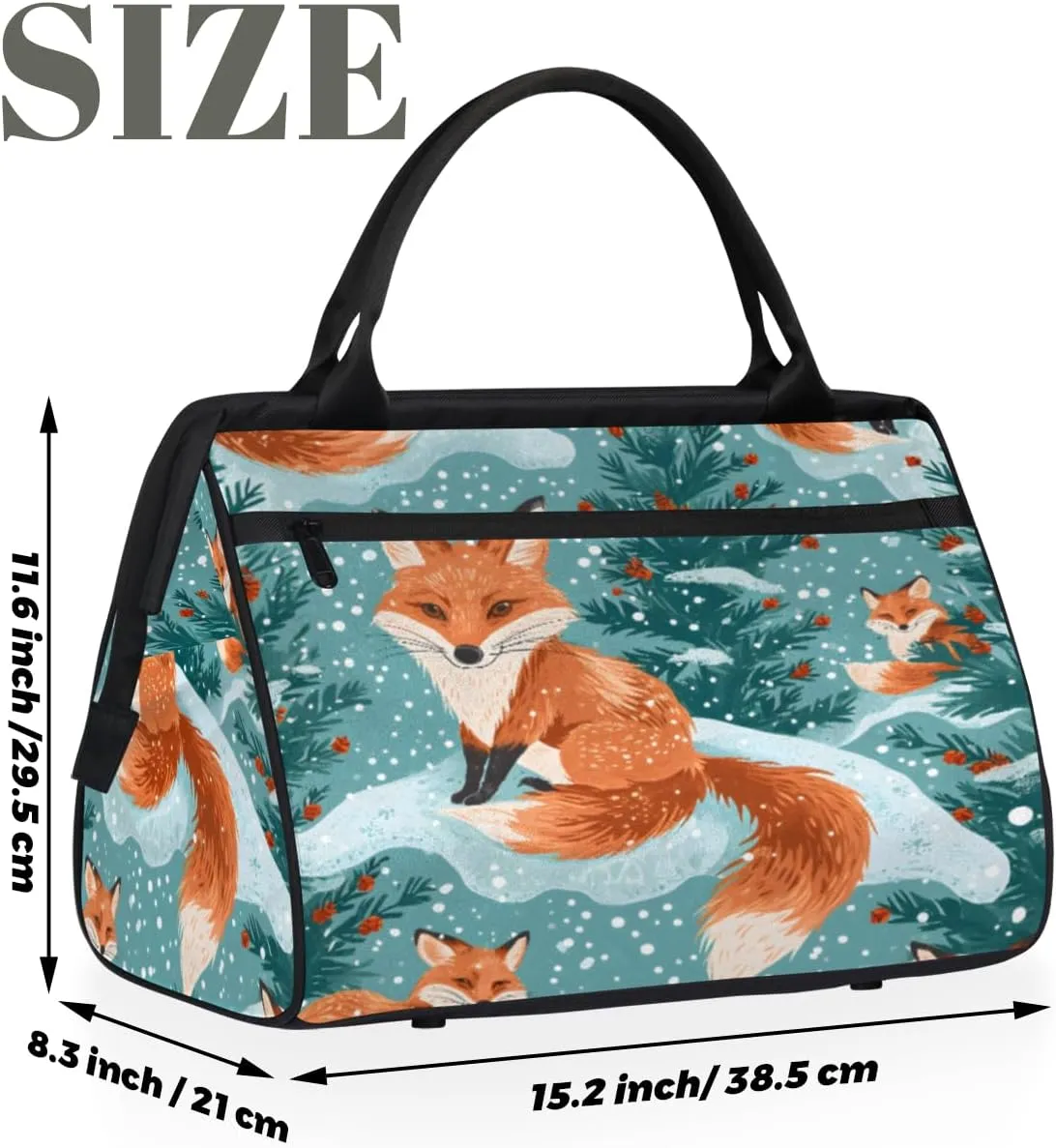 Fox Winter Snowflake Plants Duffelbag Waterproof Polyester Overnight Weekend Bags Fitness Travel Sports Bag Airplane Carry-on Bag for Gym Beach Travel Daily Shopping