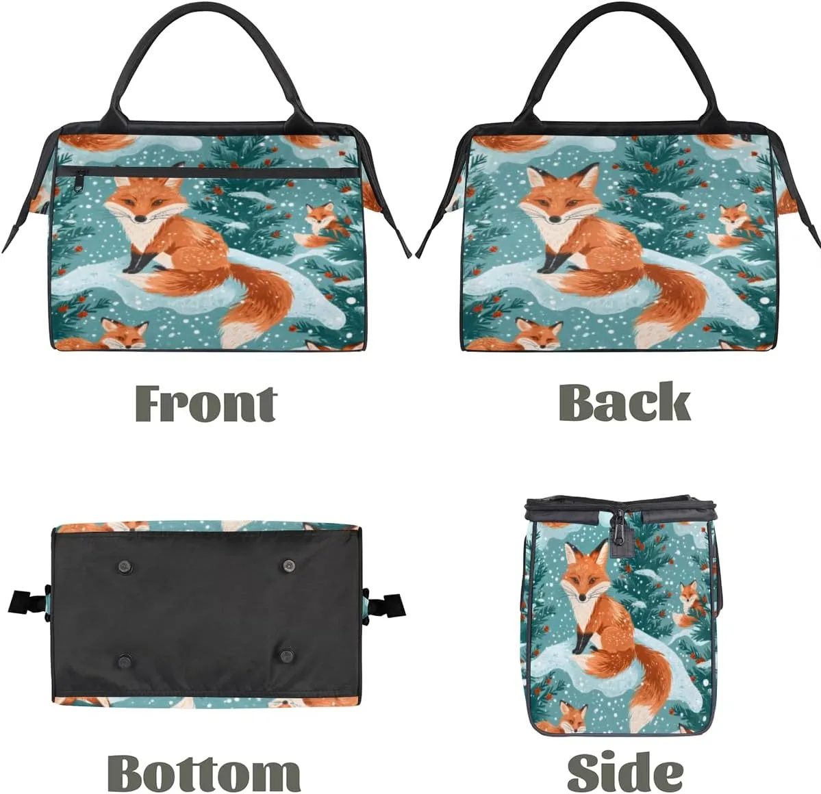 Fox Winter Snowflake Plants Duffelbag Waterproof Polyester Overnight Weekend Bags Fitness Travel Sports Bag Airplane Carry-on Bag for Gym Beach Travel Daily Shopping
