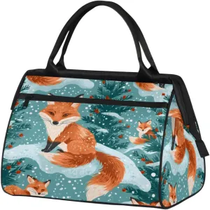 Fox Winter Snowflake Plants Duffelbag Waterproof Polyester Overnight Weekend Bags Fitness Travel Sports Bag Airplane Carry-on Bag for Gym Beach Travel Daily Shopping