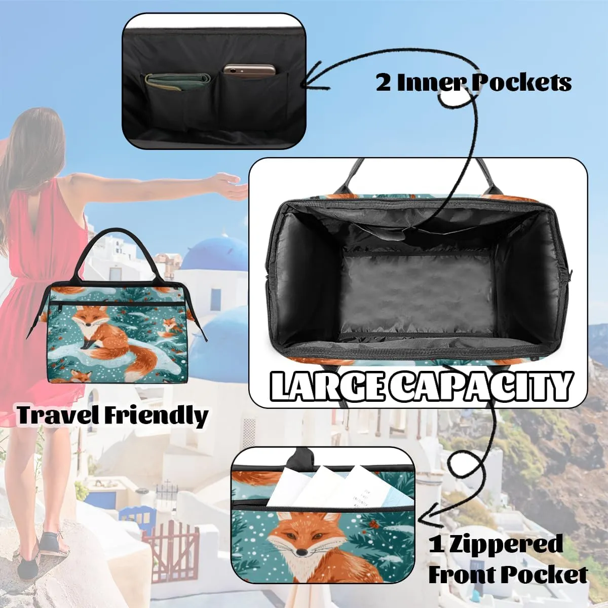 Fox Winter Snowflake Plants Duffelbag Waterproof Polyester Overnight Weekend Bags Fitness Travel Sports Bag Airplane Carry-on Bag for Gym Beach Travel Daily Shopping