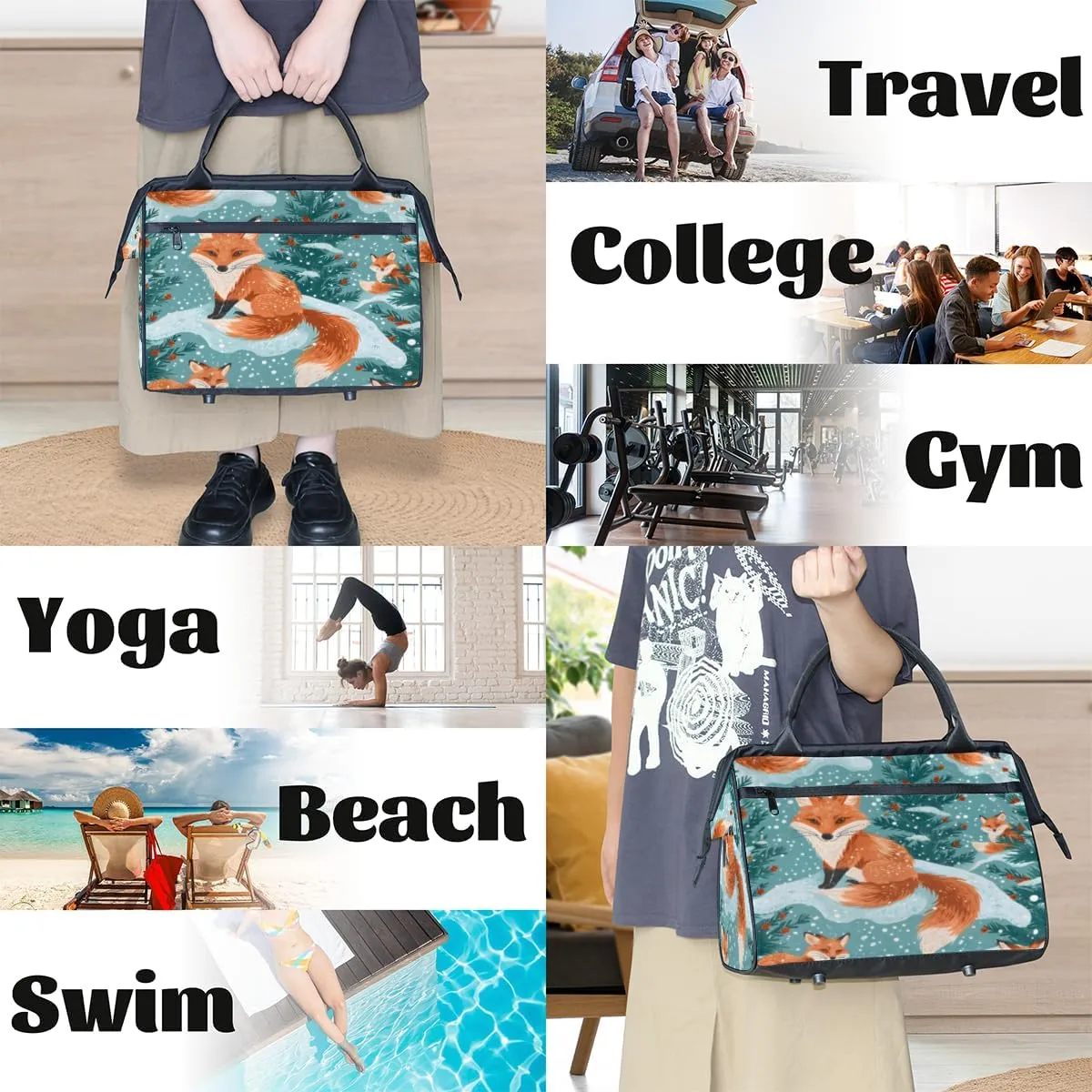 Fox Winter Snowflake Plants Duffelbag Waterproof Polyester Overnight Weekend Bags Fitness Travel Sports Bag Airplane Carry-on Bag for Gym Beach Travel Daily Shopping
