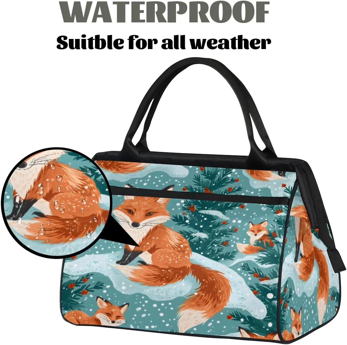 Fox Winter Snowflake Plants Duffelbag Waterproof Polyester Overnight Weekend Bags Fitness Travel Sports Bag Airplane Carry-on Bag for Gym Beach Travel Daily Shopping