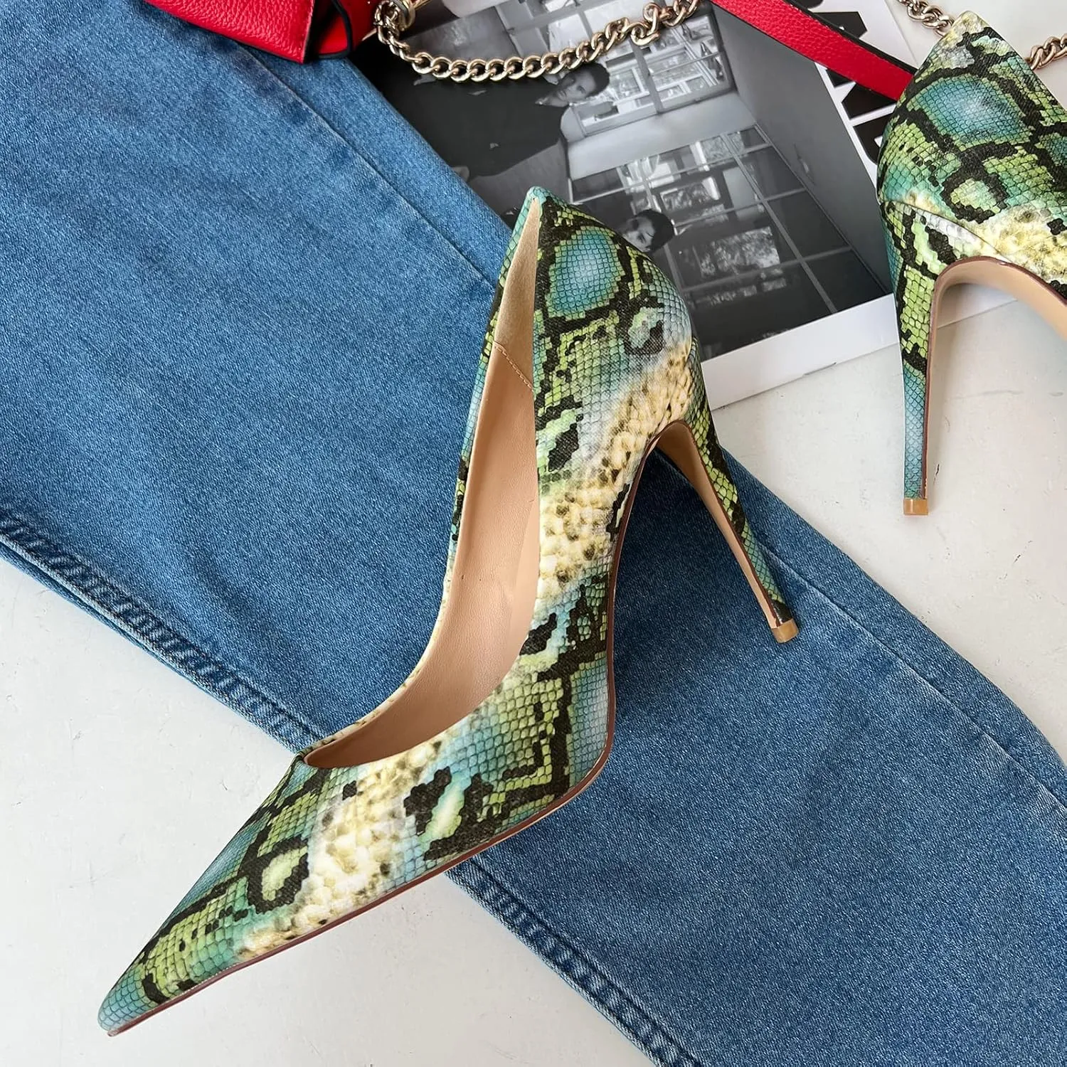 FSJ Women Classic Pointed Toe Snakeskin High Heels Pumps Slip on Stiletto Sparkling Animal Printing Sexy Lady Club Party Evening Dress Shoes Size 4-15 US
