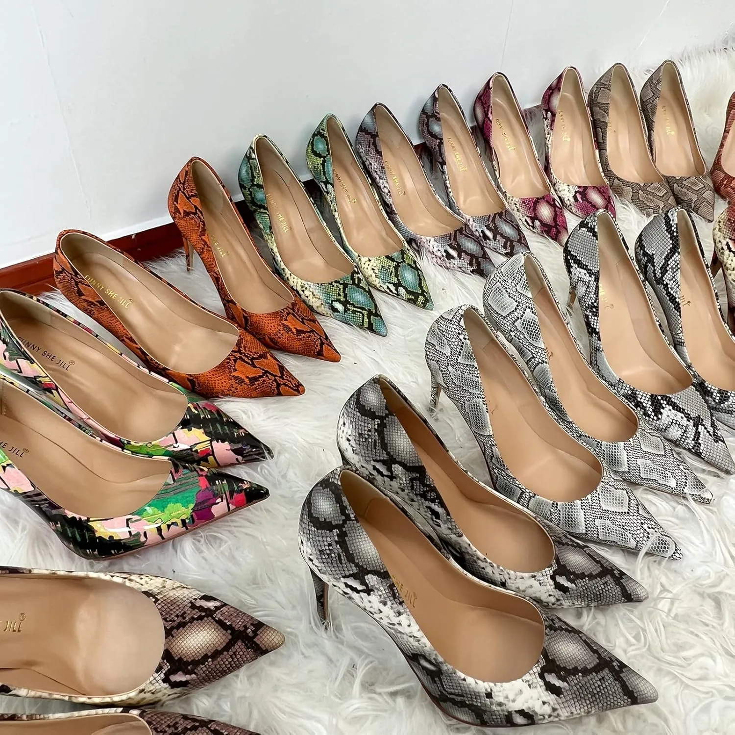 FSJ Women Classic Pointed Toe Snakeskin High Heels Pumps Slip on Stiletto Sparkling Animal Printing Sexy Lady Club Party Evening Dress Shoes Size 4-15 US