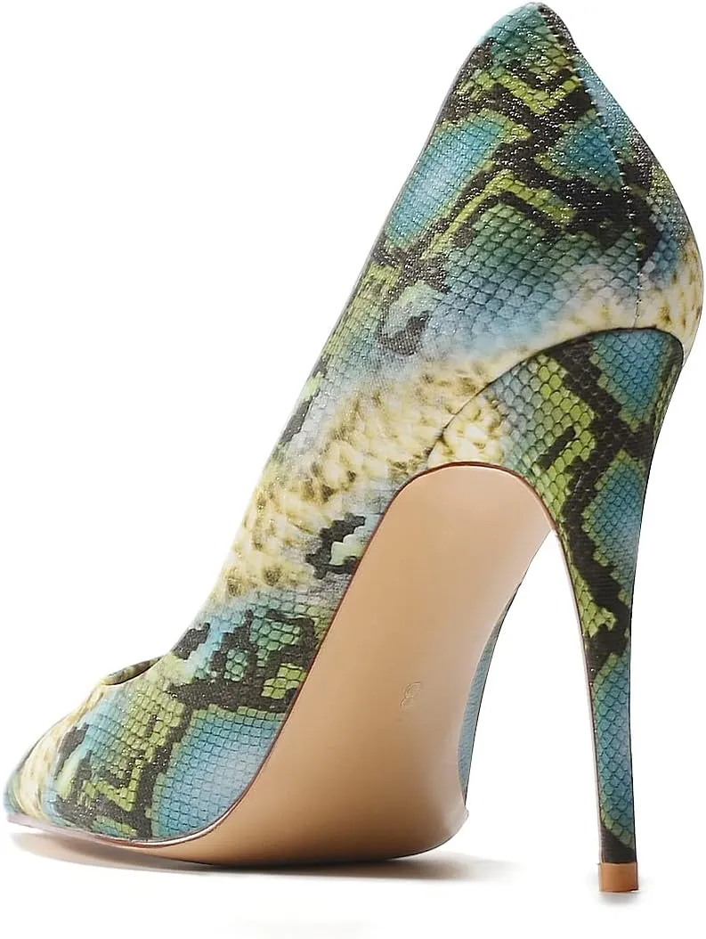 FSJ Women Classic Pointed Toe Snakeskin High Heels Pumps Slip on Stiletto Sparkling Animal Printing Sexy Lady Club Party Evening Dress Shoes Size 4-15 US