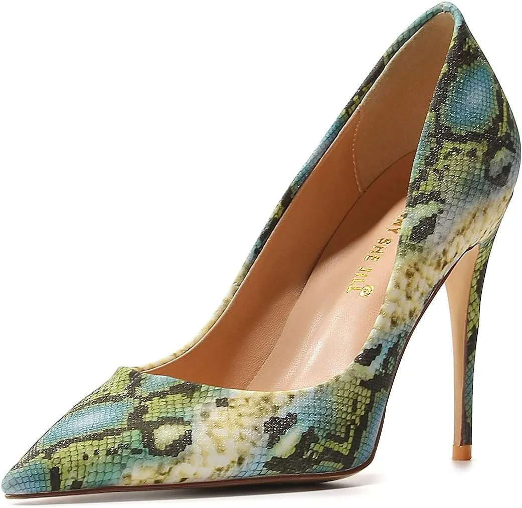 FSJ Women Classic Pointed Toe Snakeskin High Heels Pumps Slip on Stiletto Sparkling Animal Printing Sexy Lady Club Party Evening Dress Shoes Size 4-15 US