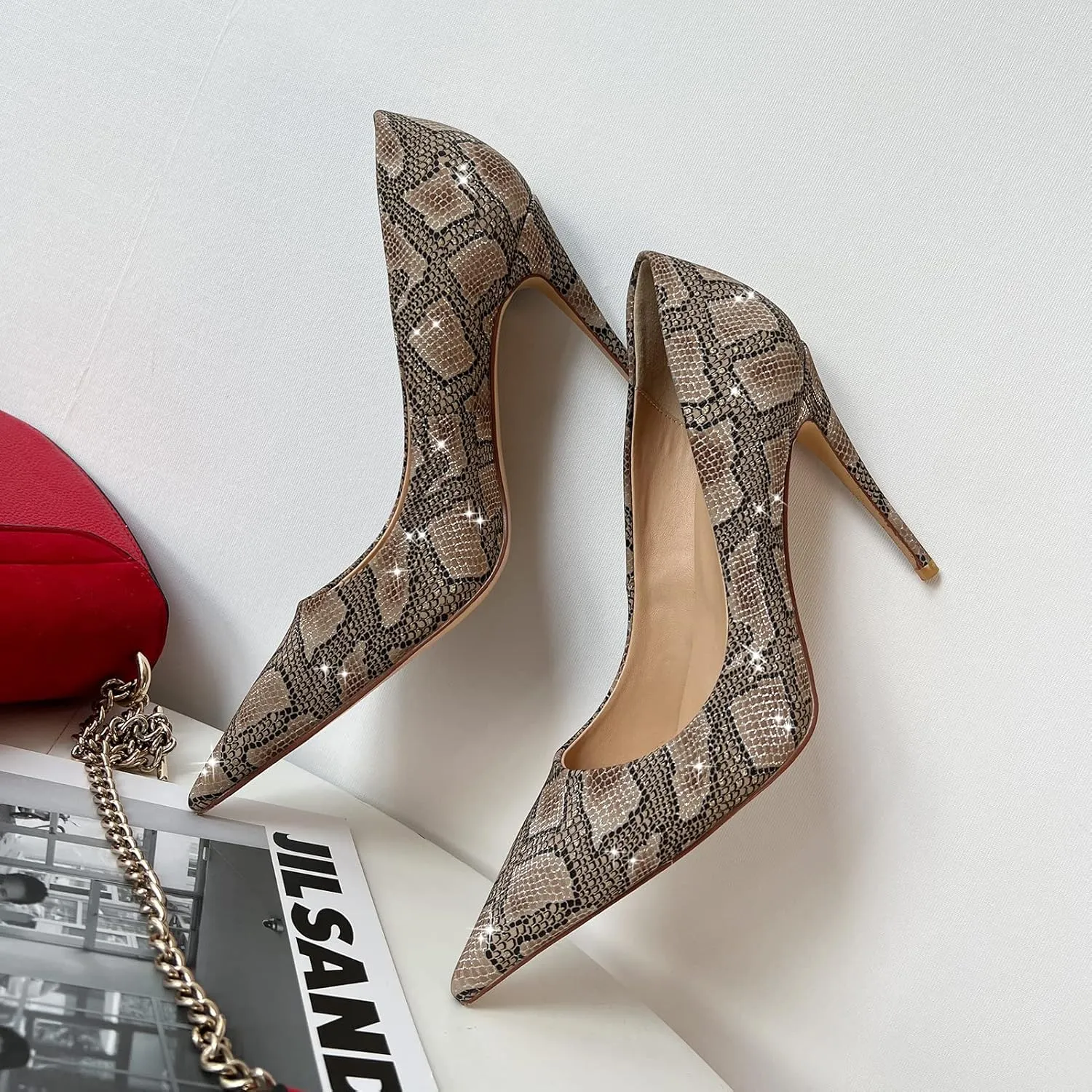 FSJ Women Classic Pointed Toe Snakeskin High Heels Pumps Slip on Stiletto Sparkling Animal Printing Sexy Lady Club Party Evening Dress Shoes Size 4-15 US