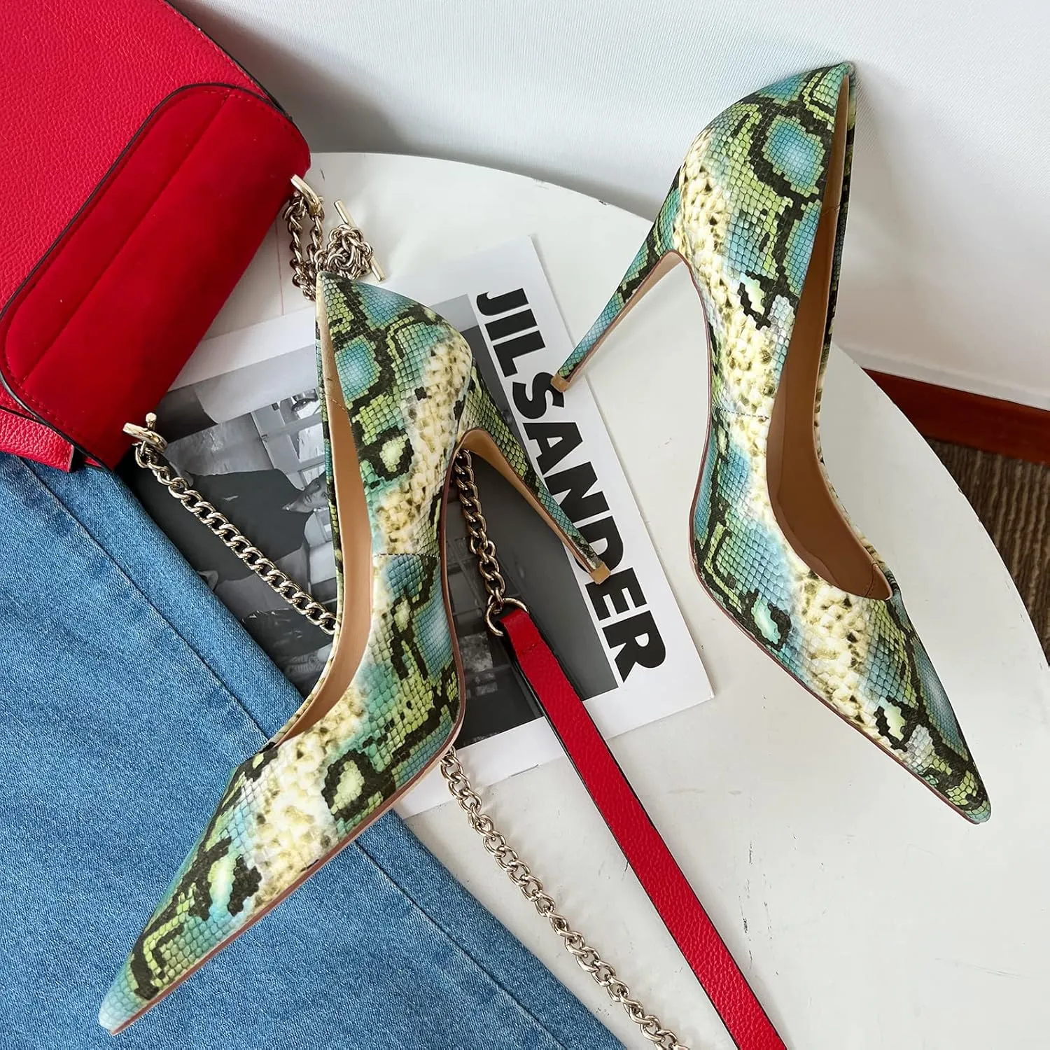 FSJ Women Classic Pointed Toe Snakeskin High Heels Pumps Slip on Stiletto Sparkling Animal Printing Sexy Lady Club Party Evening Dress Shoes Size 4-15 US