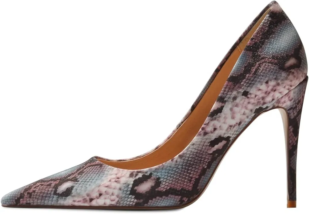 FSJ Women Classic Pointed Toe Snakeskin High Heels Pumps Slip on Stiletto Sparkling Animal Printing Sexy Lady Club Party Evening Dress Shoes Size 4-15 US