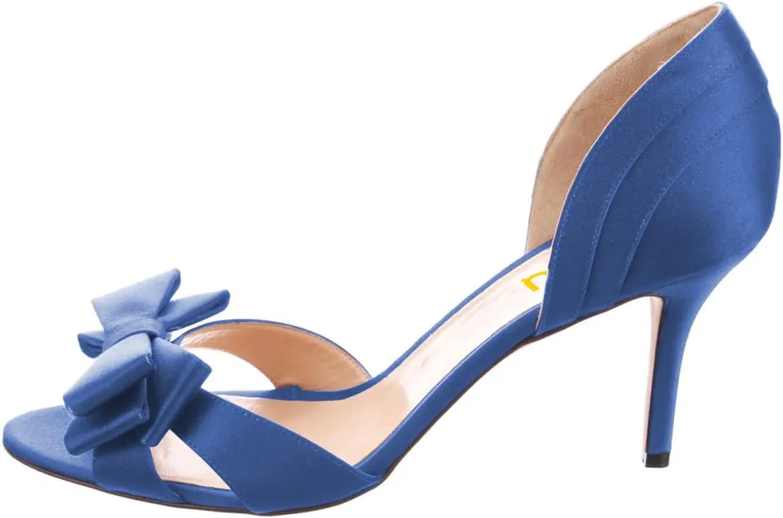 FSJ Women Cute Bowtie Peep Toe Kitten Mid Heel Pumps Slip On D'Orsay Satin Evening Prom Dress Shoes Size 4-15 US