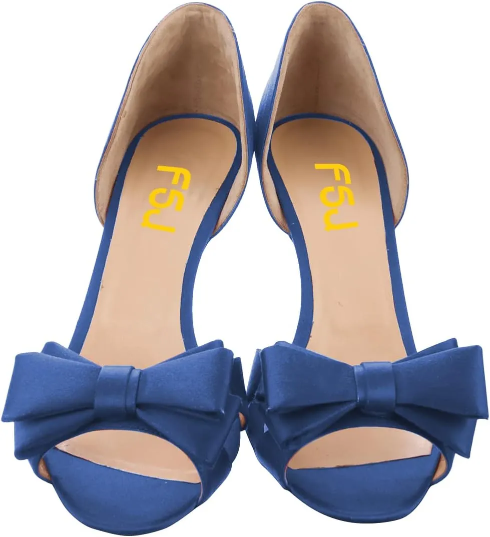 FSJ Women Cute Bowtie Peep Toe Kitten Mid Heel Pumps Slip On D'Orsay Satin Evening Prom Dress Shoes Size 4-15 US