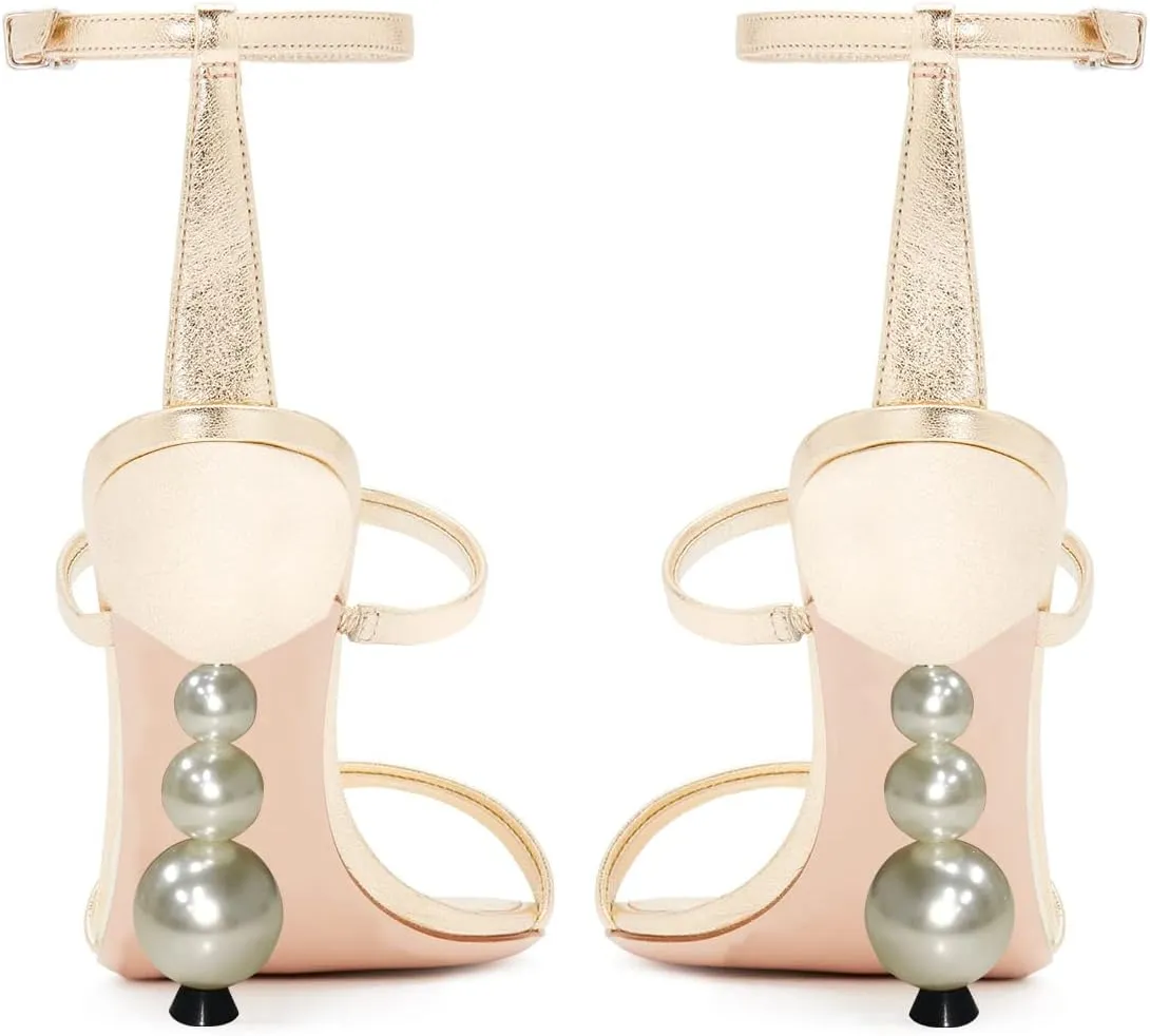 FSJ Women Elegant Open Toe Heeled Sandals Pearls Beaded High Heels Sexy Strappy Gladiator Shiny Rhinestone Ankle Strap Wedding Evening Party Dress Shoes Size 4-15 US