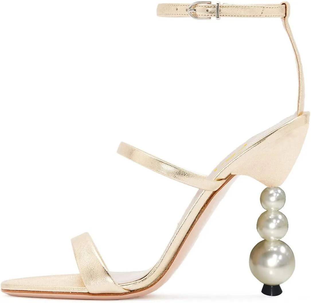 FSJ Women Elegant Open Toe Heeled Sandals Pearls Beaded High Heels Sexy Strappy Gladiator Shiny Rhinestone Ankle Strap Wedding Evening Party Dress Shoes Size 4-15 US