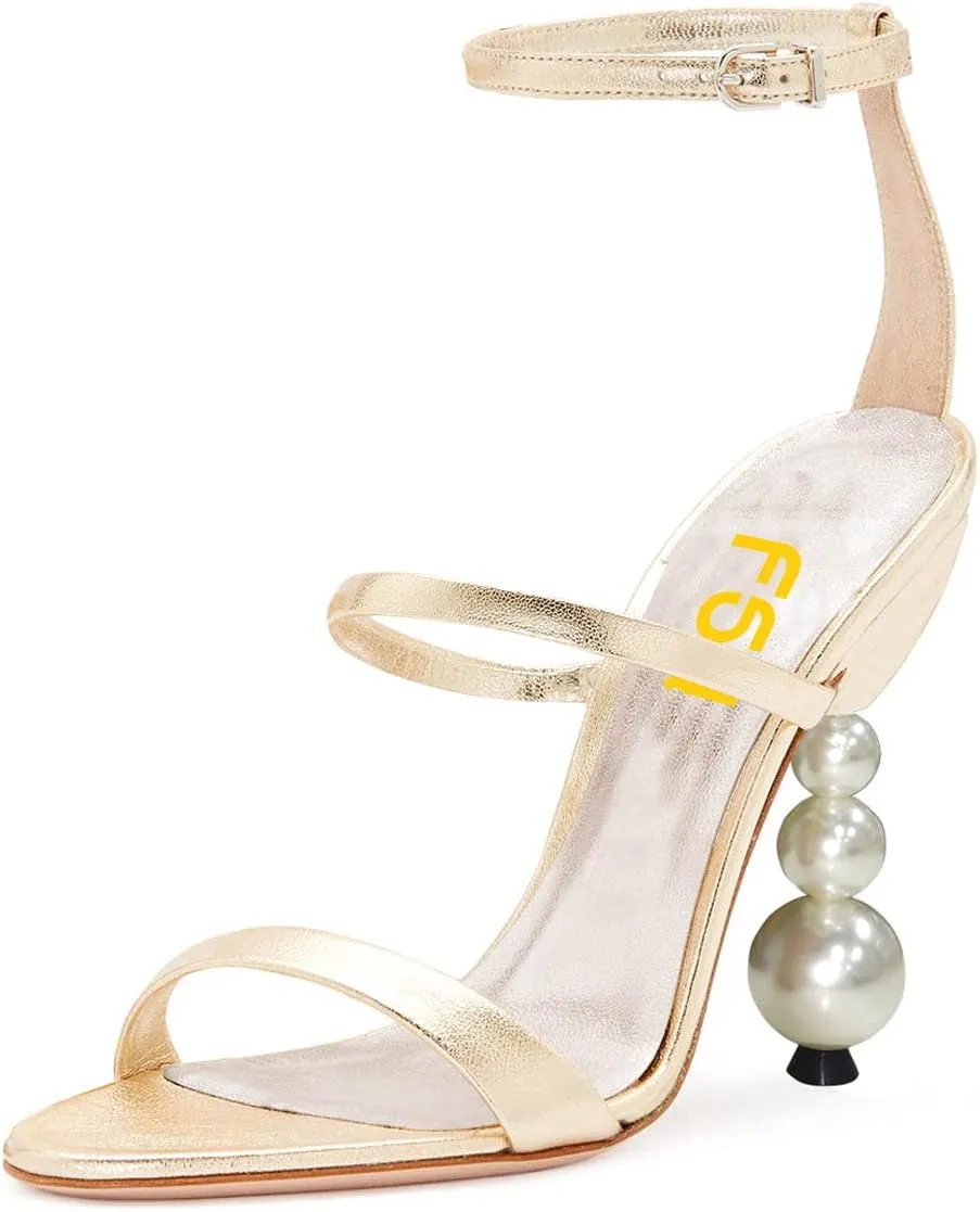 FSJ Women Elegant Open Toe Heeled Sandals Pearls Beaded High Heels Sexy Strappy Gladiator Shiny Rhinestone Ankle Strap Wedding Evening Party Dress Shoes Size 4-15 US