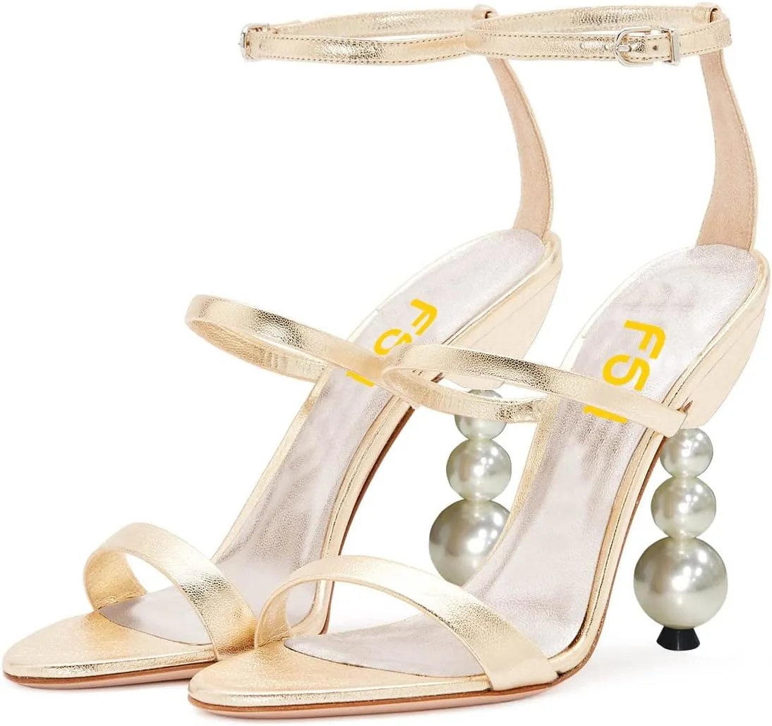 FSJ Women Elegant Open Toe Heeled Sandals Pearls Beaded High Heels Sexy Strappy Gladiator Shiny Rhinestone Ankle Strap Wedding Evening Party Dress Shoes Size 4-15 US