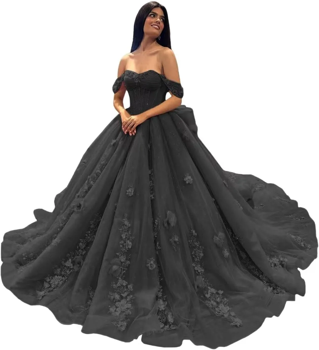 Ftupza 3D Floral Quinceanera Dresses Lace Beaded Party Gowns Off Shoudler Tulle Ball Gown for Sweet 15 16 Dresses