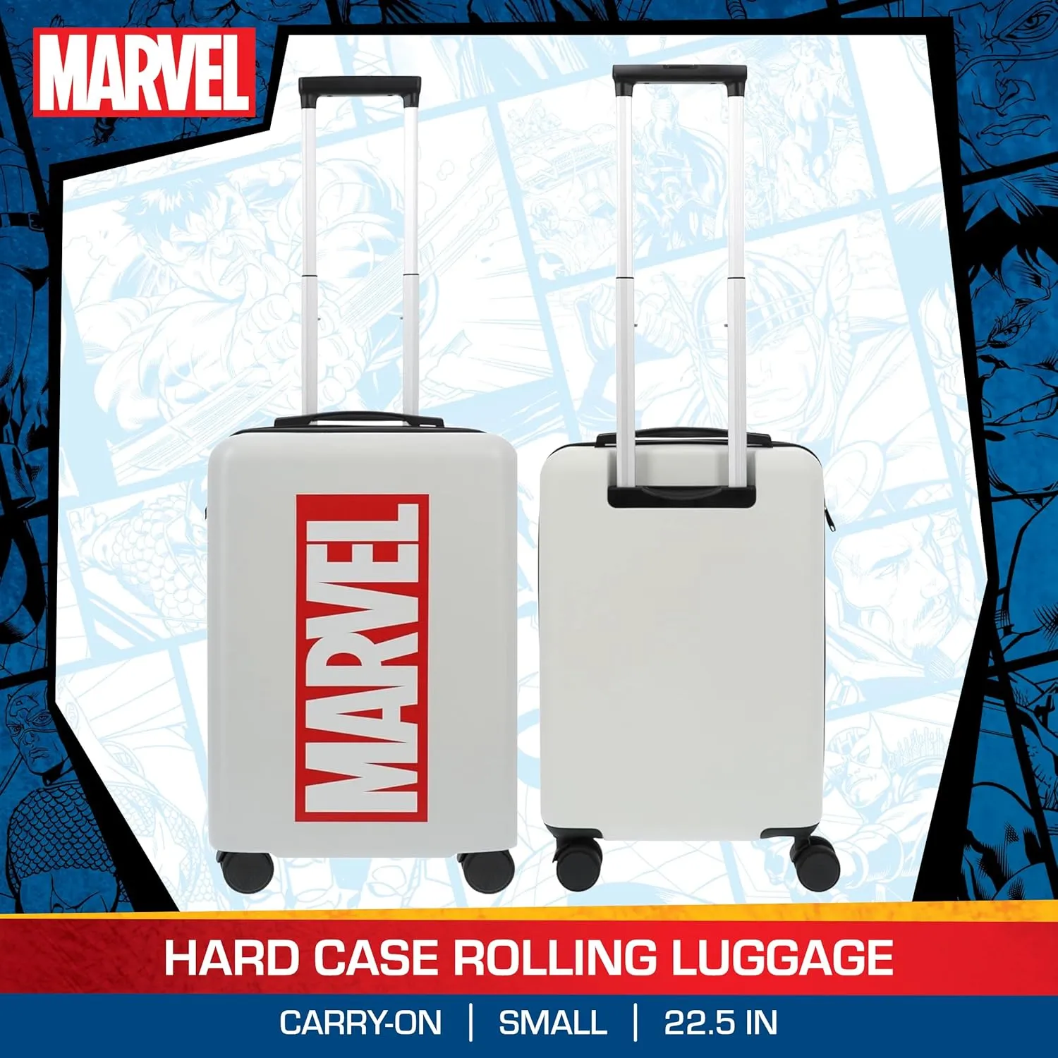 FUL Marvel Logo 22.5 Inch Carry On Luggage, Hardshell Rolling Suitcase with Spinner Wheels, White