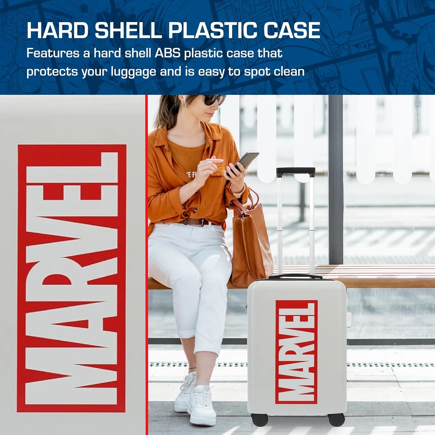 FUL Marvel Logo 22.5 Inch Carry On Luggage, Hardshell Rolling Suitcase with Spinner Wheels, White