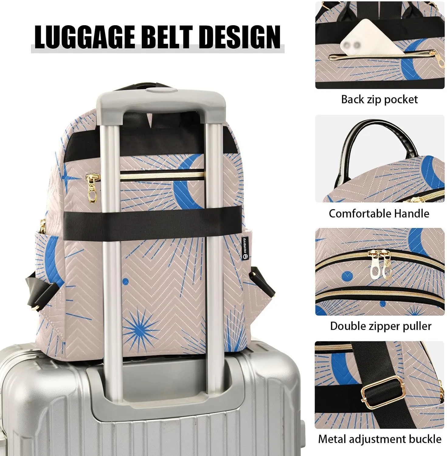 Full Moon with Stars Print Travel Backpack for Women Quilted Bookbag Cute Casual Bag Backpack Lightweight Fashionable Women's Backpack(Small Pattren 4)