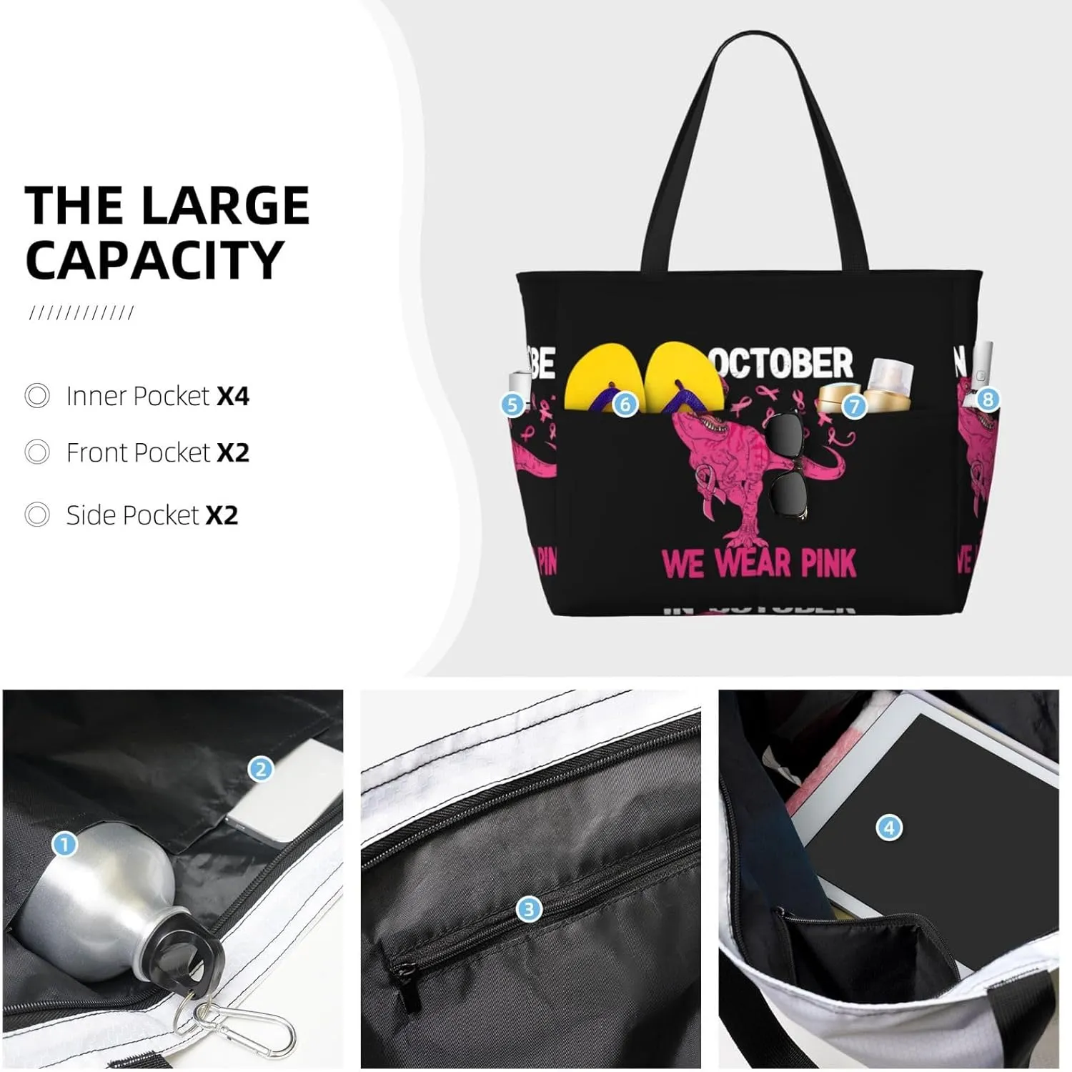 Fun Dinosaur Large Capacity Travel Bag Lightweight Shopping Handbag Beach Tote Bags Casual Work Bag For Women