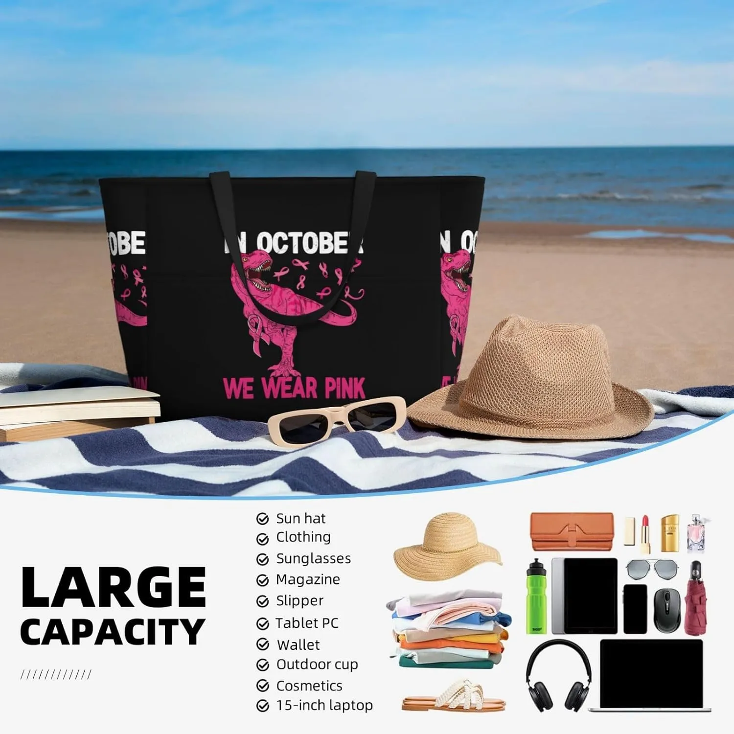 Fun Dinosaur Large Capacity Travel Bag Lightweight Shopping Handbag Beach Tote Bags Casual Work Bag For Women