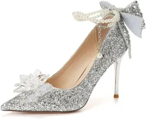 FYS Women's Pointed Toe Pearl Pumps Bow Stiletto High Heels Ankle Strap Shining Wedding Party Evening Shoes Size 4-16 US