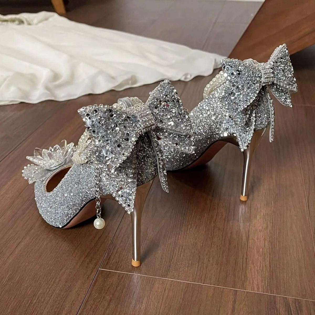 FYS Women's Pointed Toe Pearl Pumps Bow Stiletto High Heels Ankle Strap Shining Wedding Party Evening Shoes Size 4-16 US
