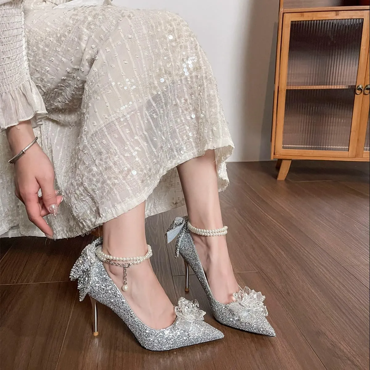 FYS Women's Pointed Toe Pearl Pumps Bow Stiletto High Heels Ankle Strap Shining Wedding Party Evening Shoes Size 4-16 US