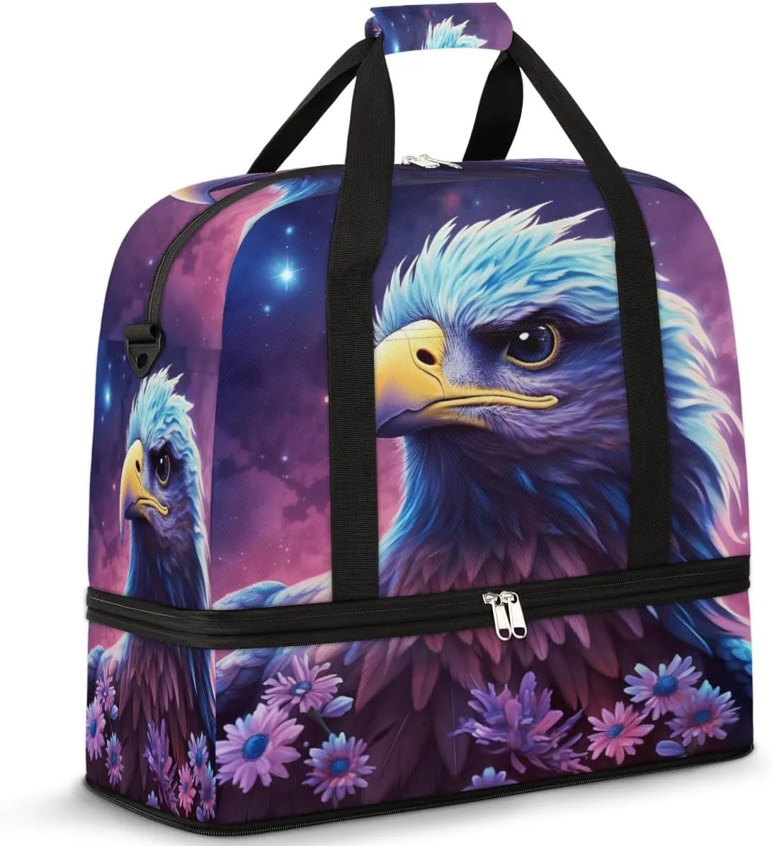 Galaxy Nebula Flower Eagles Travel Duffel Bag with Foldable Shoe Compartment Shoulder Tote Travel Weekend Bag Sports Gym Overnight Bags