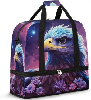 Galaxy Nebula Flower Eagles Travel Duffel Bag with Foldable Shoe Compartment Shoulder Tote Travel Weekend Bag Sports Gym Overnight Bags