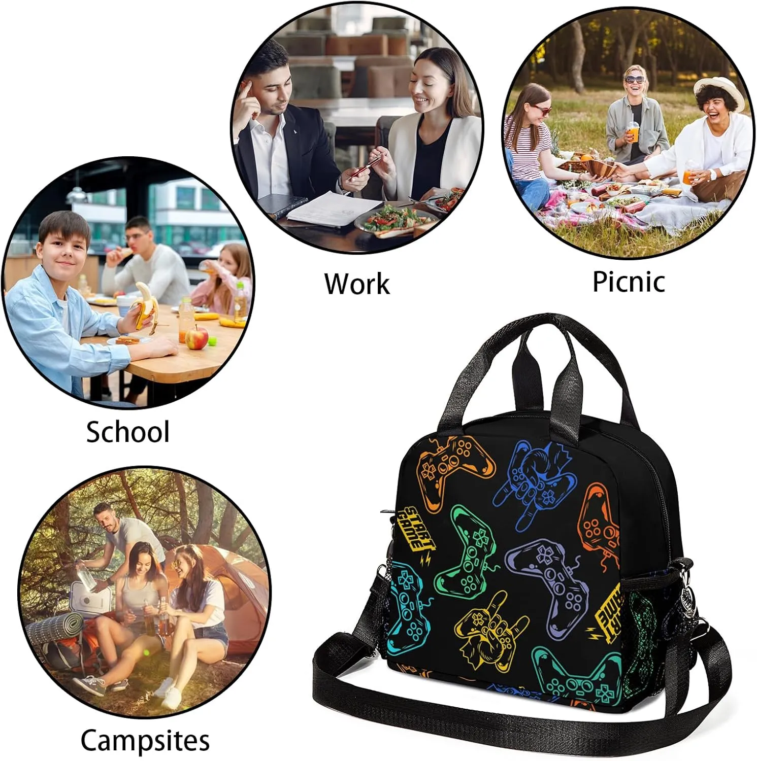 Game Lunch Box For Girls,Gamer Lunch Bag for Boys,Insulated Game Lunch Bag with Adjustable Shoulder Strap for School Students Office,Work,Picnic,Camping
