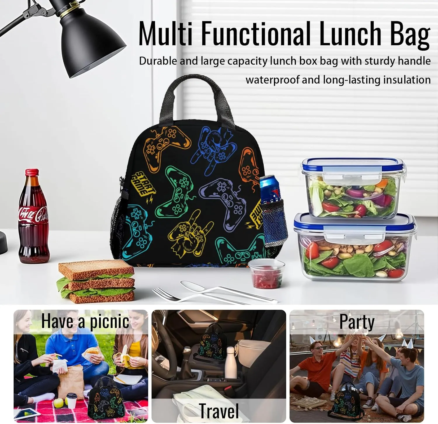 Game Lunch Box For Girls,Gamer Lunch Bag for Boys,Insulated Game Lunch Bag with Adjustable Shoulder Strap for School Students Office,Work,Picnic,Camping