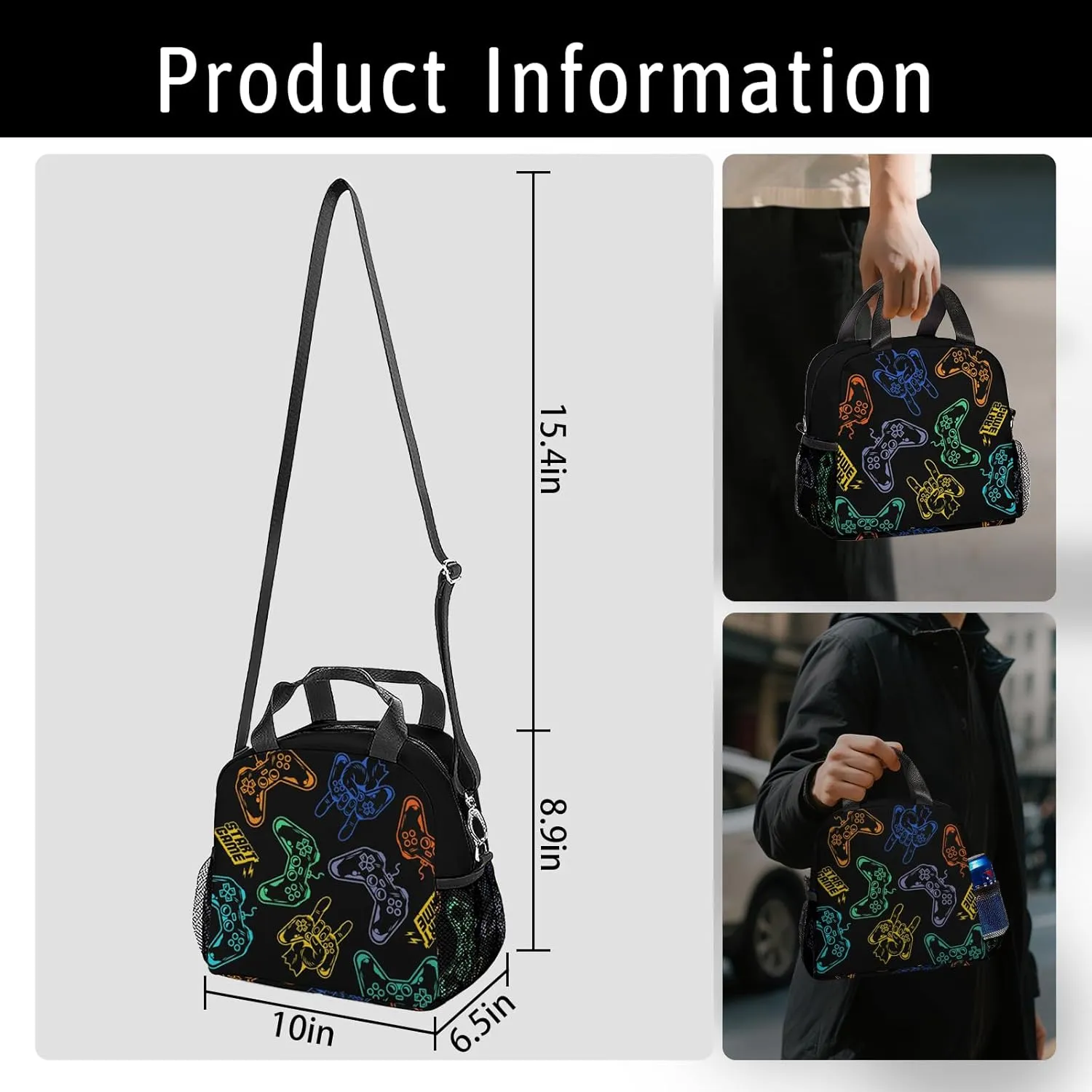 Game Lunch Box For Girls,Gamer Lunch Bag for Boys,Insulated Game Lunch Bag with Adjustable Shoulder Strap for School Students Office,Work,Picnic,Camping