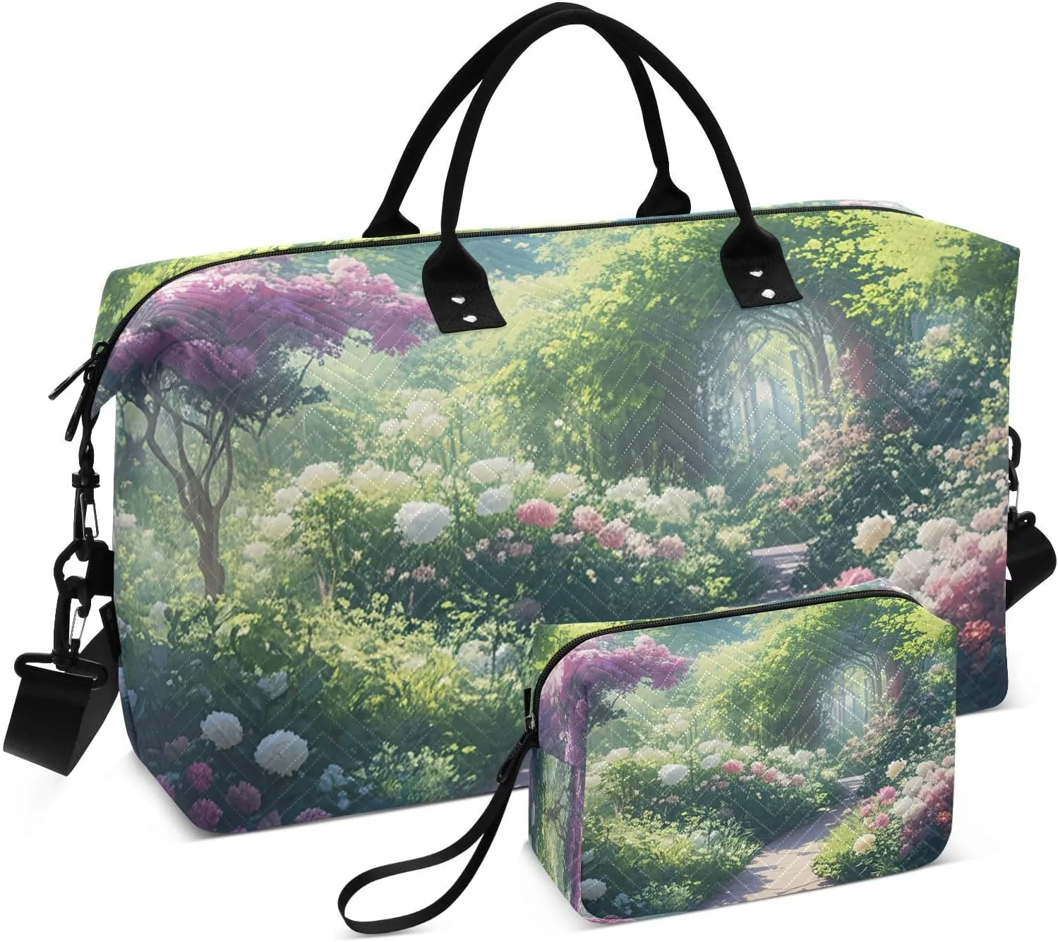 Garden Path Flowers Green Travel Duffel Bag with Toiletry Bag Weekender Bag for Carry on Sports Gym Bag for Sports Yoga Gym