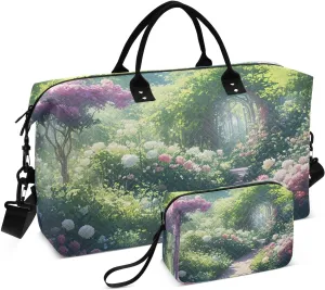 Garden Path Flowers Green Travel Duffel Bag with Toiletry Bag Weekender Bag for Carry on Sports Gym Bag for Sports Yoga Gym