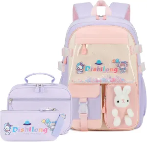 GeeWin School Backpack for Teen Girls, Kawaii Bunny Backpack with Matching Lunch Bag & Pencil Pouch for Kids Elementary Primary Middle School Student, Cute Rabbit Waterproof Bookbag Set (Purple)