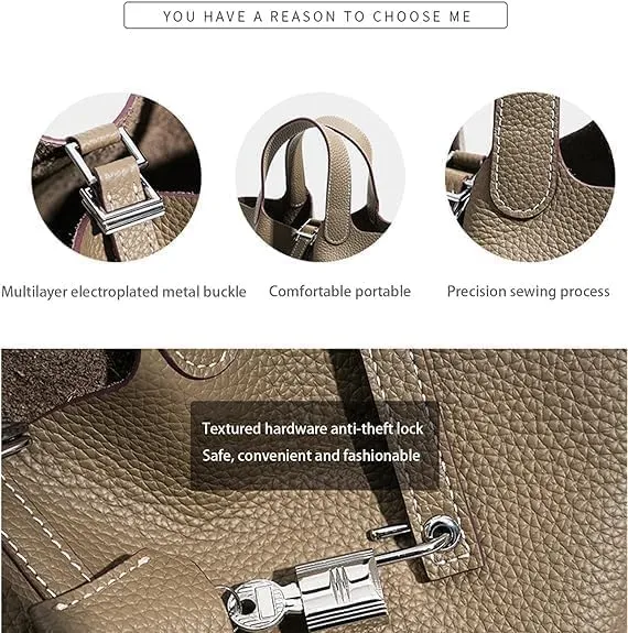 Genuine Leather Purses and Soft Bucket Bags, Stylish Lock Design Solid Color Tote Bag, Lychee Pattern Basket Bags