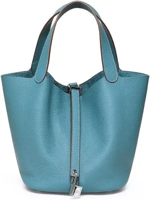 Genuine Leather Purses and Soft Bucket Bags, Stylish Lock Design Solid Color Tote Bag, Lychee Pattern Basket Bags