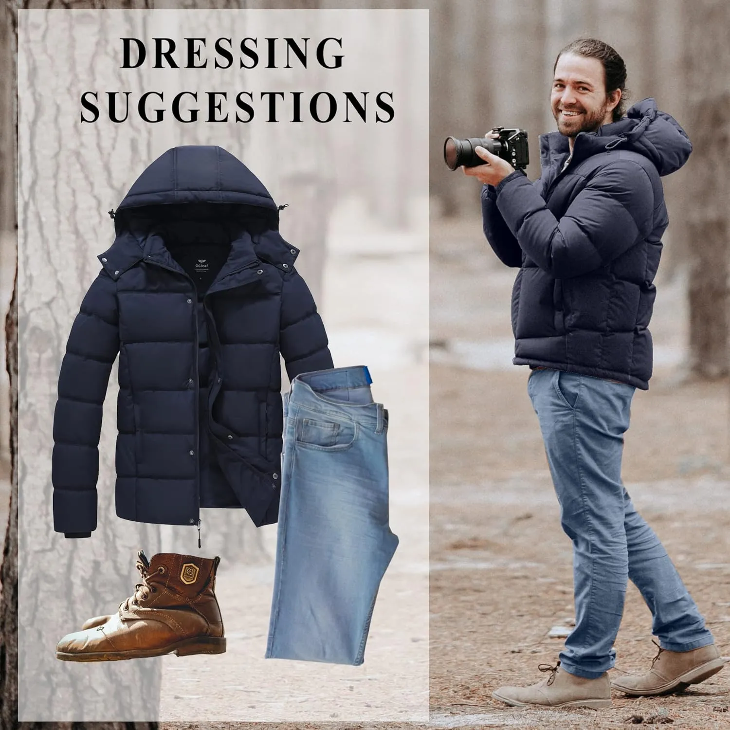 GGleaf Men's Hooded Winter Coat Warm Puffer Jacket Thicken Quilted Jacket
