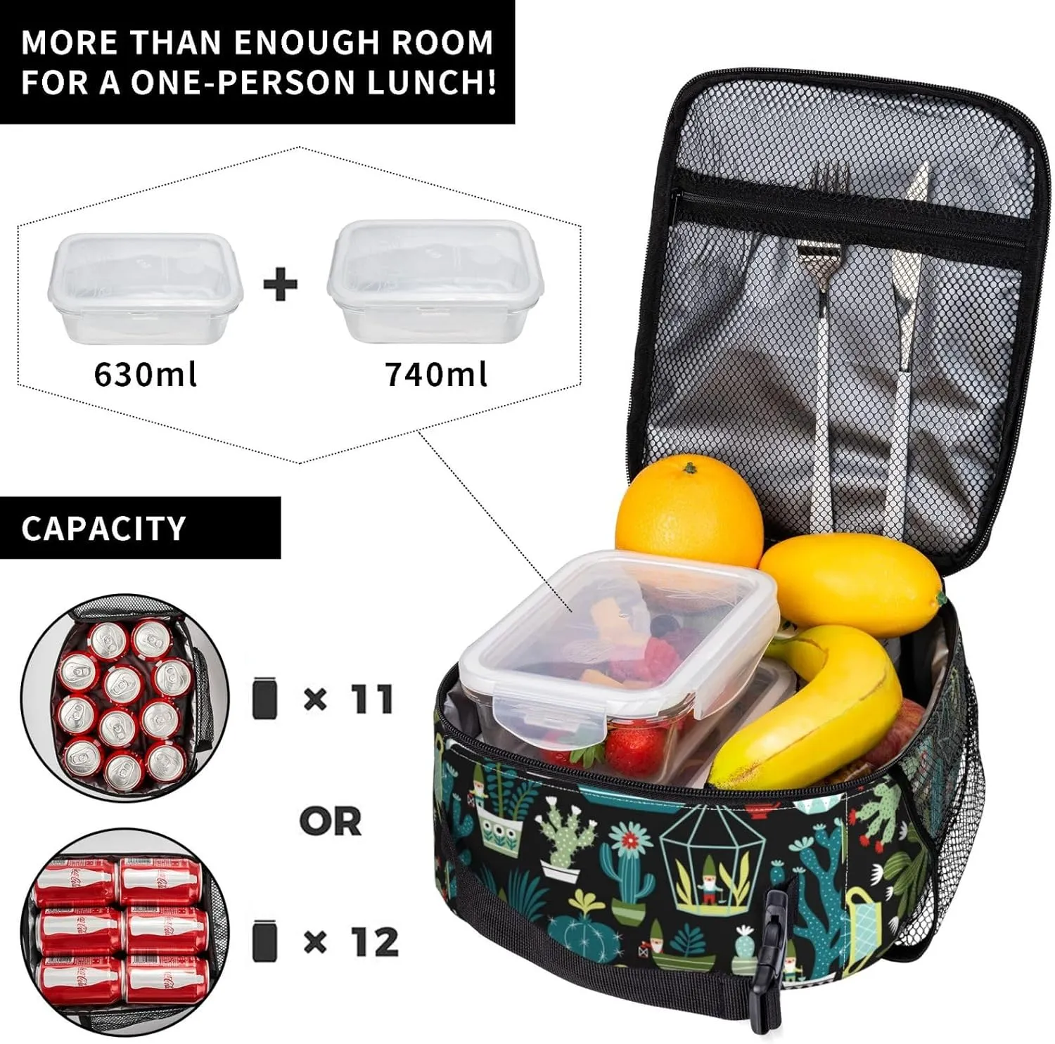Gianlaima Cute Gnome Cactus Succulents Lunch Bag Portable Insulated Lunch Bag Reusable Cooler Totes For Women Men Adults Work Picnic Camping