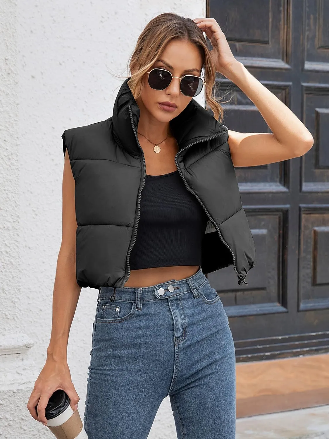 Gihuo Womens Cropped Puffer Vest Winter Crop Vest Lightweight Sleeveless Warm Outerwear Puffer Jacket Padded Gilet
