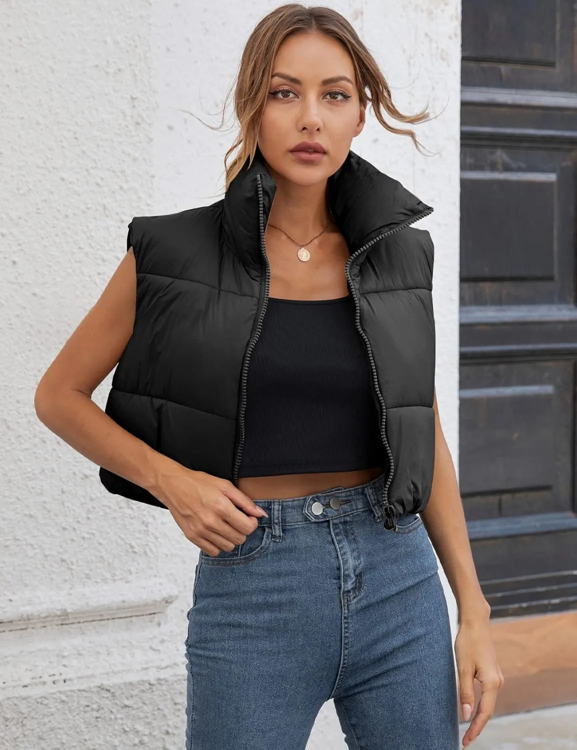 Gihuo Womens Cropped Puffer Vest Winter Crop Vest Lightweight Sleeveless Warm Outerwear Puffer Jacket Padded Gilet