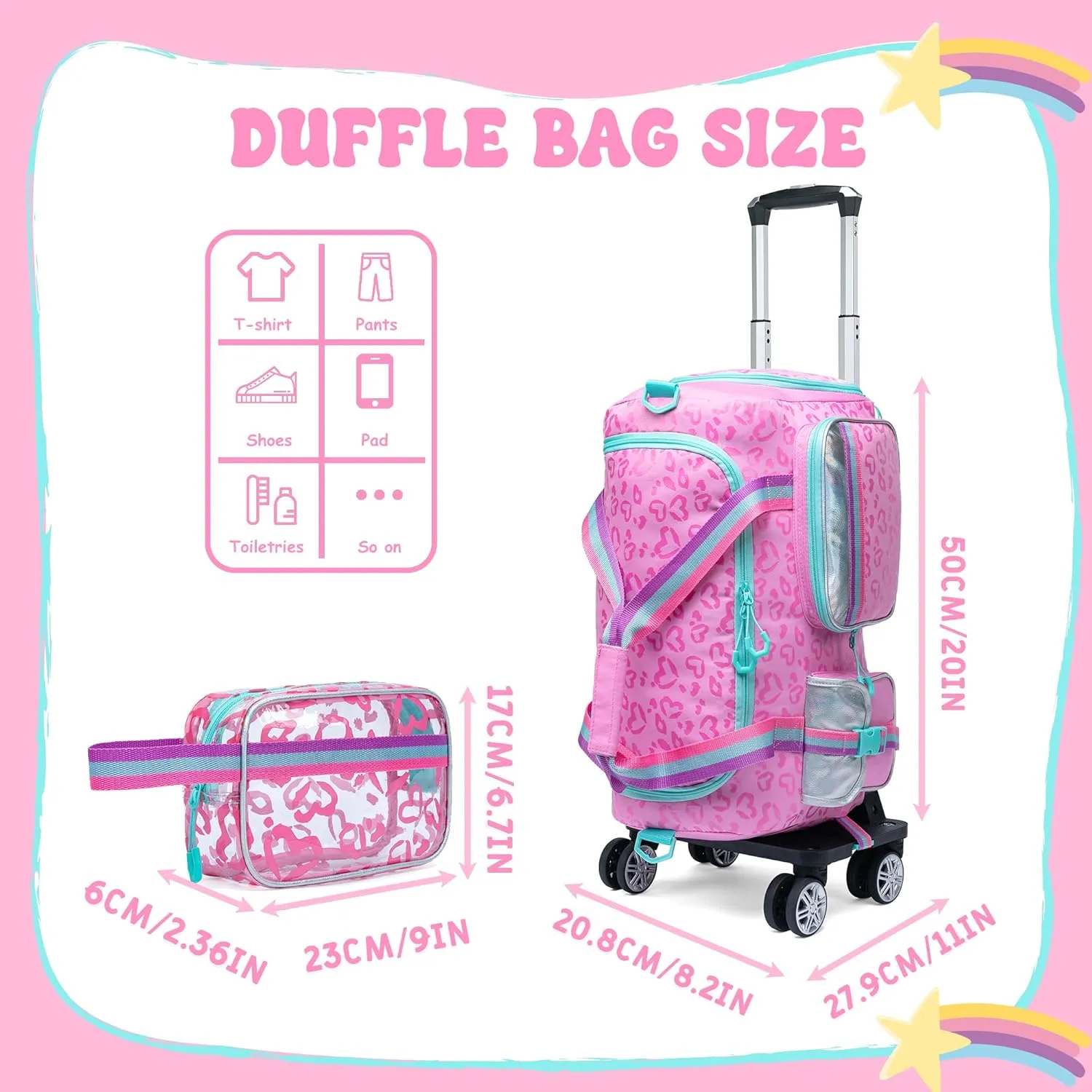 Girls Duffel Bag With Wheels - Travel Overnight Bag for Kids With Toiletry Bag, Rolling Dance Duffle With Shoe Compartment