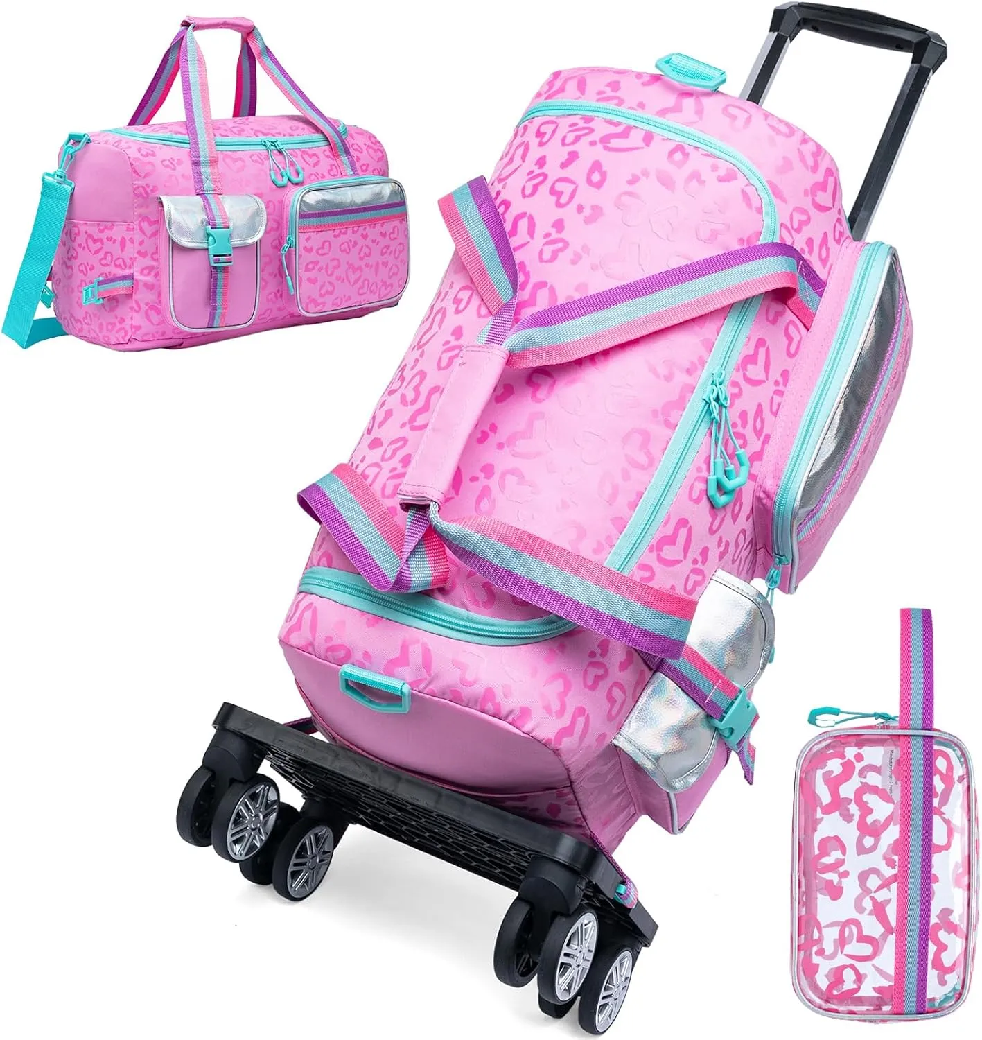 Girls Duffel Bag With Wheels - Travel Overnight Bag for Kids With Toiletry Bag, Rolling Dance Duffle With Shoe Compartment